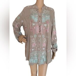 Soft Surroundings Taupe Tunic with Pink and Blue Embroidery long Sleeves